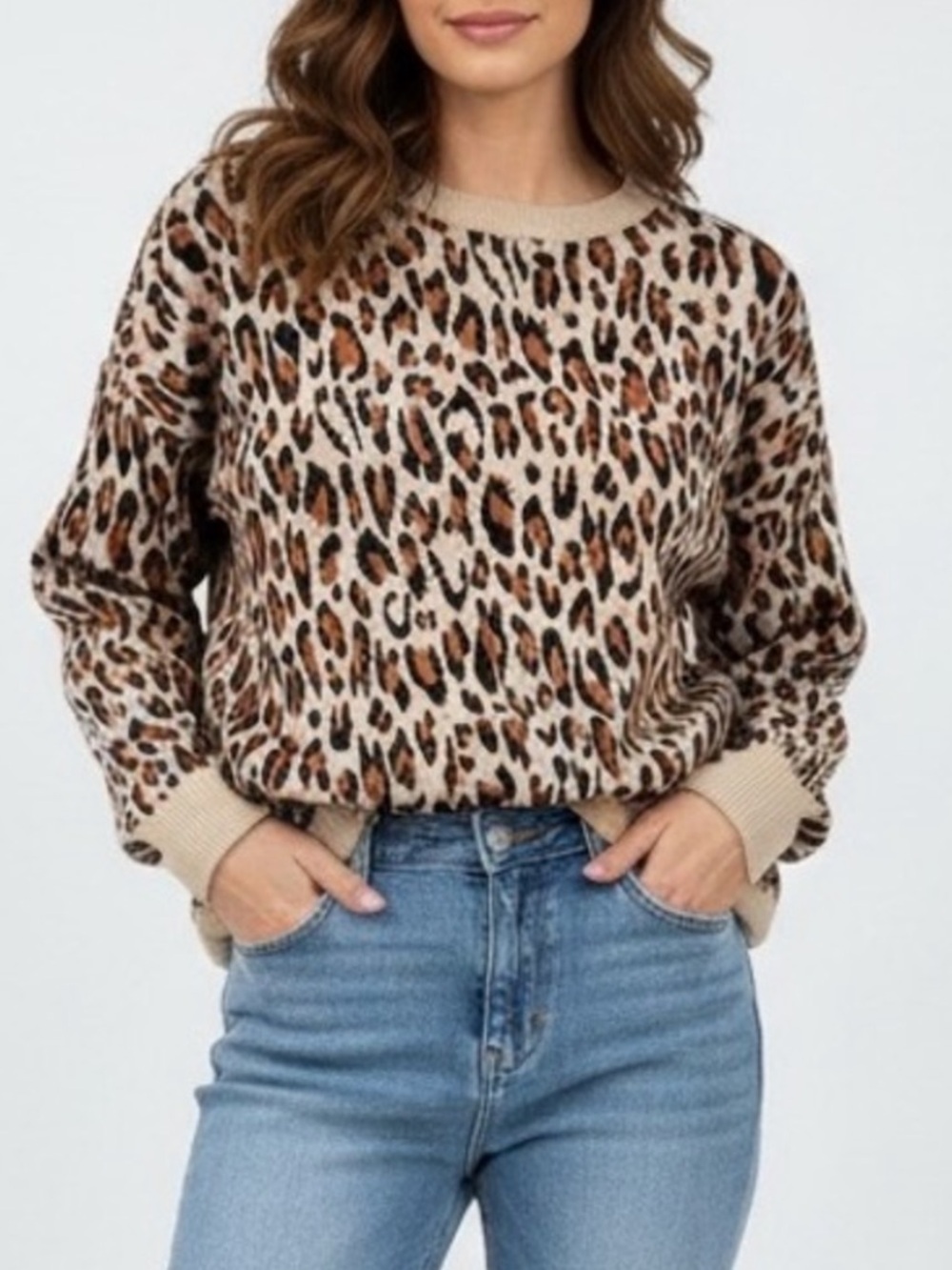H&M Leopard Print Crewneck Sweater - Tan/Black/Brown